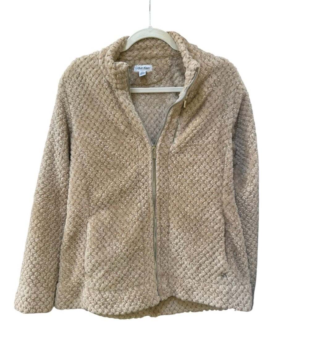 Calvin Klein Women's Tan Textured Teddy Fleece Full-Zip Jacket